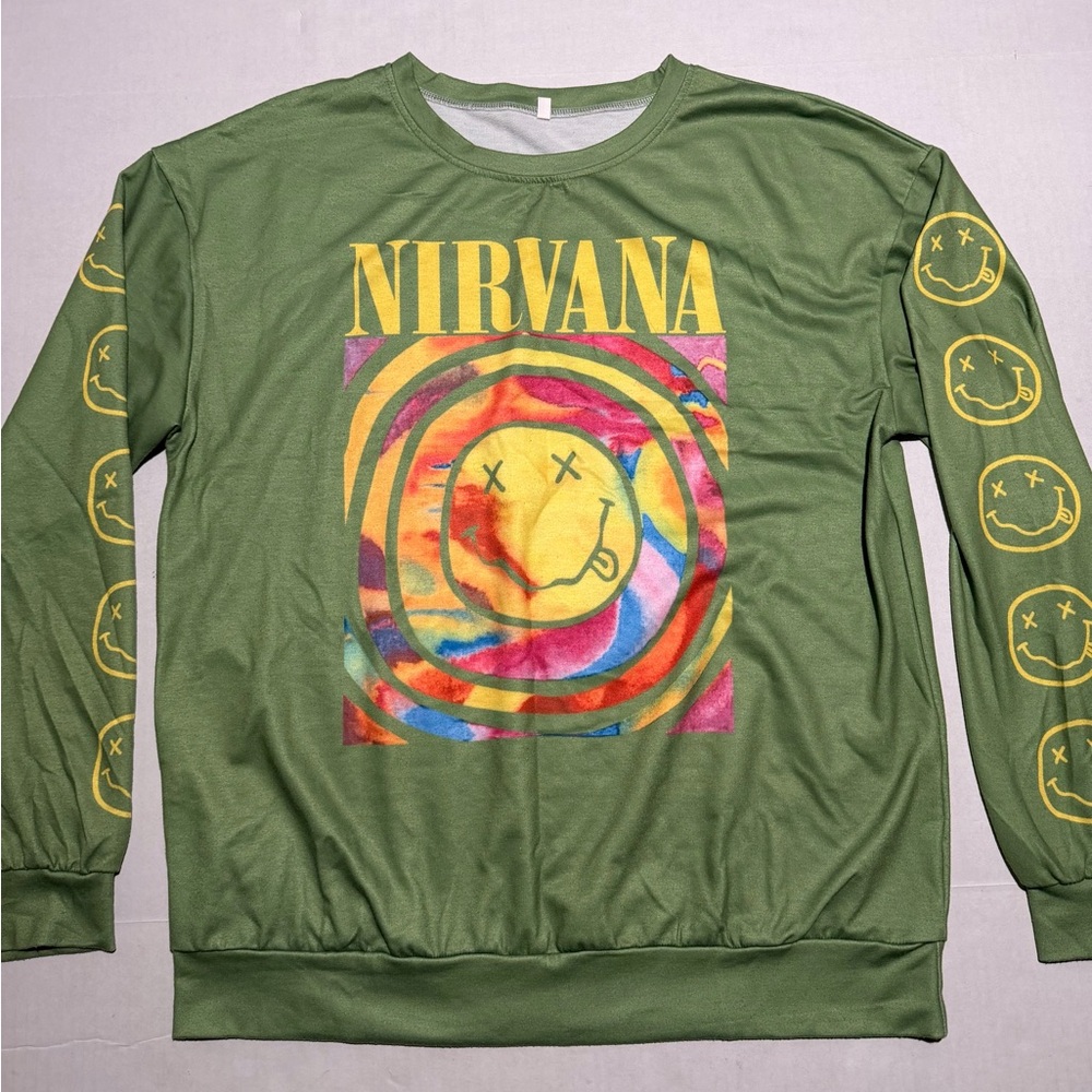 Unbranded Nirvana print, Green Colorful LS‎ Pullover Sweatshirt, men's Large